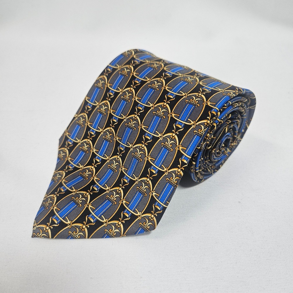 Firenze Silk Tie‎ Blue Gold Black Classic Pattern Men's Necktie Italy 3.75"x58"